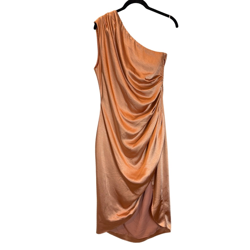 Elliatt Cassini One Shoulder Ruched Satin Midi Dress Copper Orange L